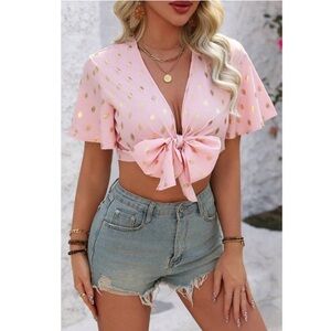 Shein VCAY Cropped Top W/ Gold Foil Polka Dots & Tie Front Detail